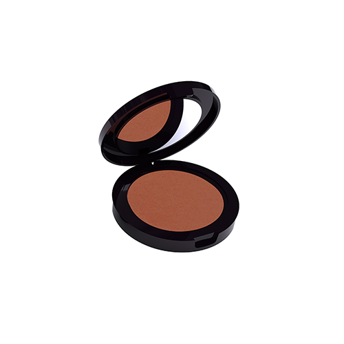 Compact brown powder in a black case on a white background