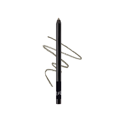 Black eyeliner pencil with a swatch of green eyeshadow on a white background