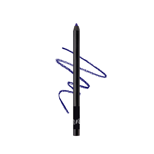 Blue eyeliner pencil with a swatch on a white background