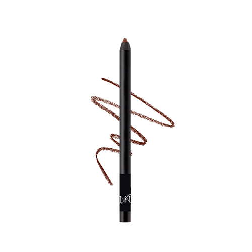 Lip liner pencil with a swatch of brown color on a white background
