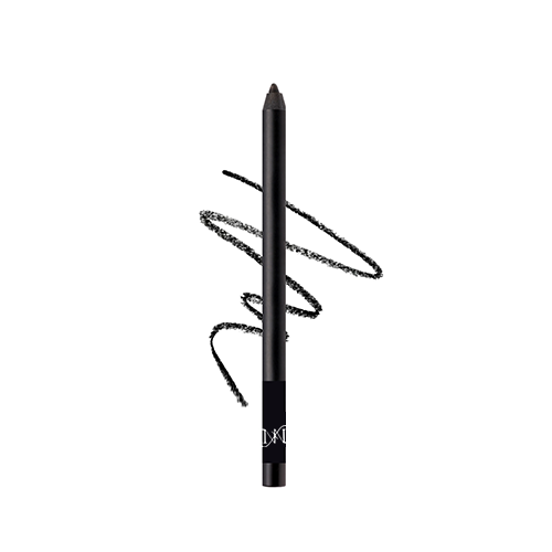 Black eyeliner pencil with a swatch of black color on a white background
